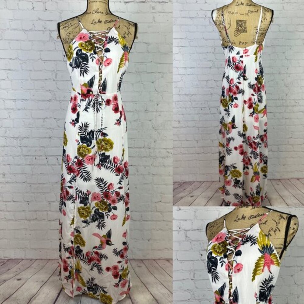 Homage Crinkly Floral Print Lace Up Front Maxi